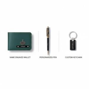 custom wallet, pen and personalized keychain with name