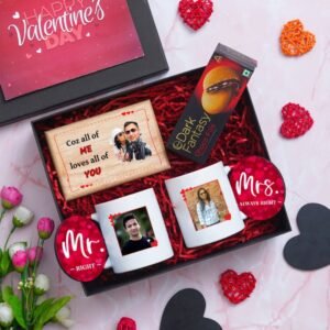 Open Valentine's Day gift set box containing personalized photo wooden plaque, mugs, and chocolates, with 'Mr. Right' and 'Mrs. Always Right' designs, surrounded by romantic decorations.