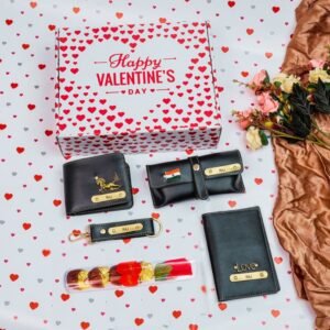 Valentine's Day themed men's gift box with customized accessories including a wallet, passport cover, sunglass case, keychain, and rose chocolate, adorned with your name