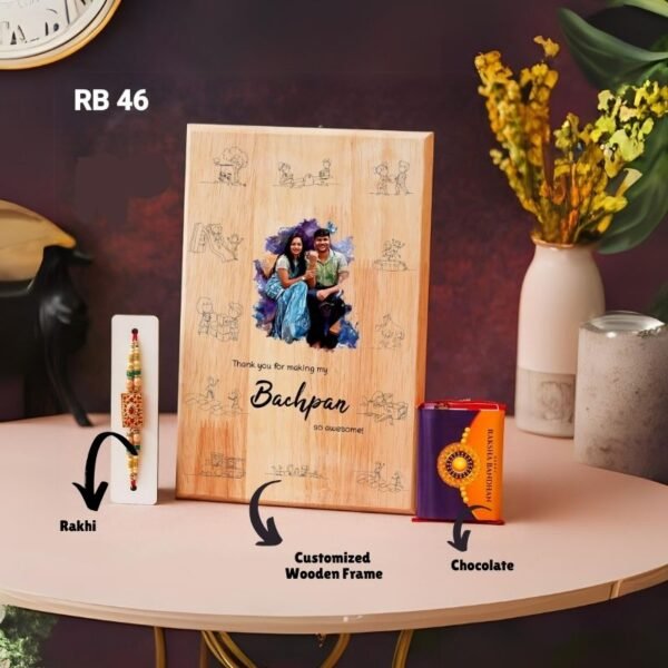 Personalized Wooden Sketch Frame Gift Set including an 8"x12" wooden sketch frame, Kit-Kat chocolate, Rakhi, and Roli Chawal, displayed on a table.