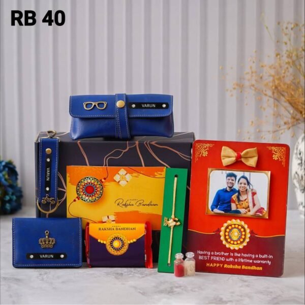 Personalized Rakhi Gift Set with leather wallet, keychain, eyewear case, photo frame, Kit Kat chocolate, Rakhi, and Roli Chawal in a Rakshabandhan gift box.