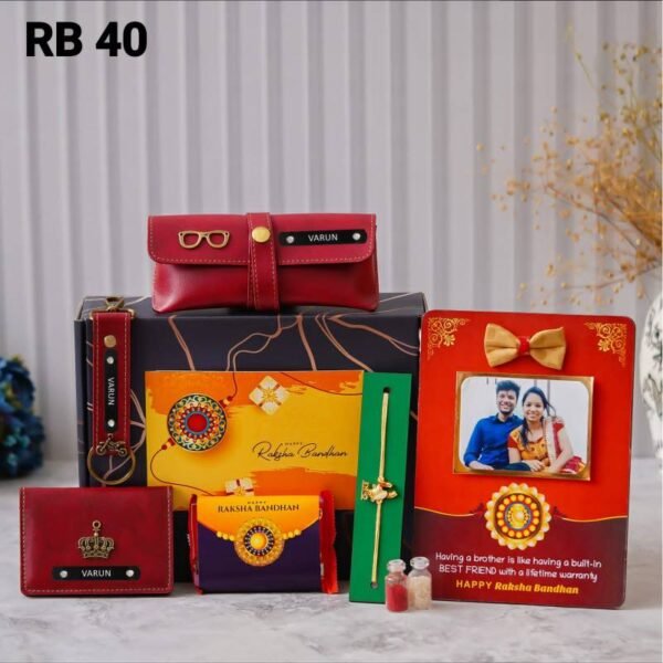 Personalized Rakhi Gift Set with leather wallet, keychain, eyewear case, photo frame, Kit Kat chocolate, Rakhi, and Roli Chawal in a Rakshabandhan gift box.