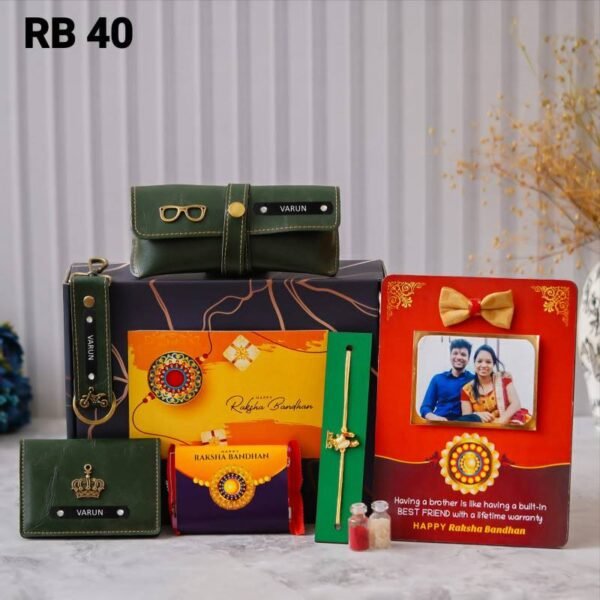 Personalized Rakhi Gift Set with leather wallet, keychain, eyewear case, photo frame, Kit Kat chocolate, Rakhi, and Roli Chawal in a Rakshabandhan gift box.