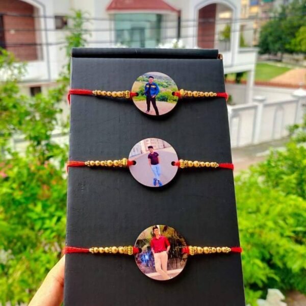Personalized Photo Rakhi sets displayed with various custom designs and names for brothers, including Best Bro, Bada Bhai, Veera, and Chota Bhai.