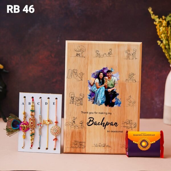 Personalized Wooden Sketch Frame Gift Set with Chocolate and Rakhi - Image 2
