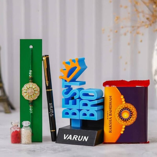 Personalized Best Bro Gift Set with Pen, Rakhi, Chocolate, and Roli Chawal