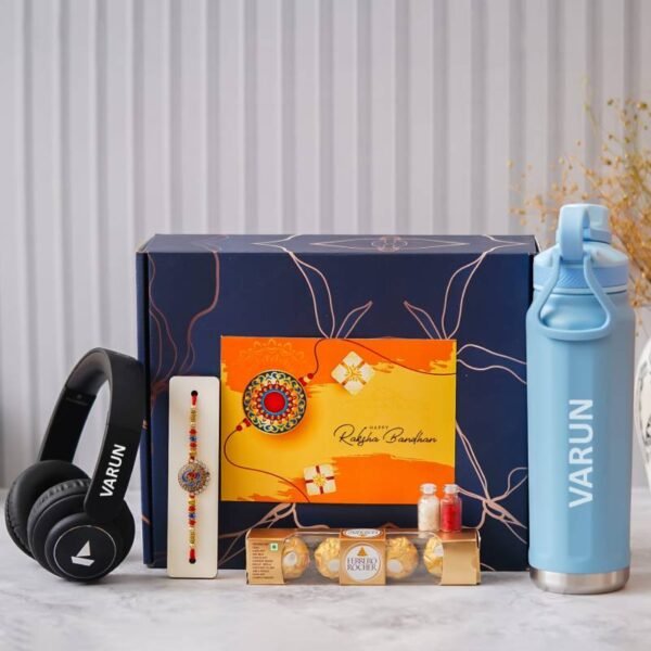 Personalized Raksha Bandhan Gift Set with Borosil Bottle, BOAT Headphones, Rakhi, Ferrero Rocher, and Roli Chawal