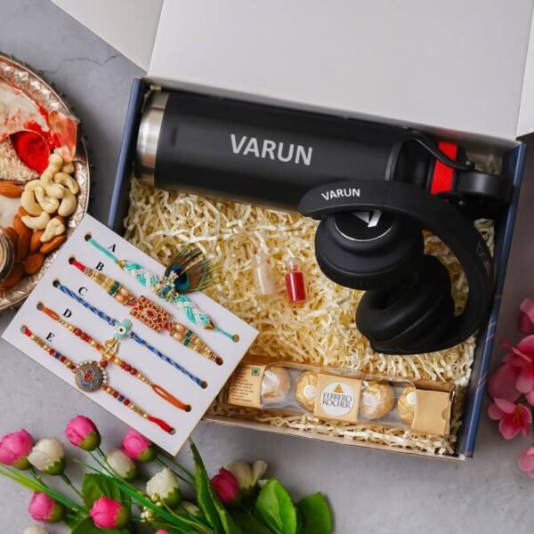 Personalized Raksha Bandhan Gift Set with Borosil Bottle, BOAT Headphones, Rakhi, Ferrero Rocher, and Roli Chawal - Image 3