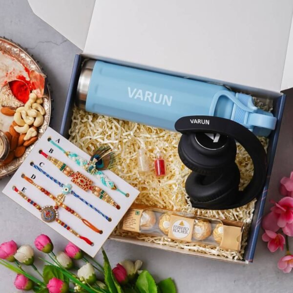 Personalized Raksha Bandhan Gift Set with Borosil Bottle, BOAT Headphones, Rakhi, Ferrero Rocher, and Roli Chawal - Image 4
