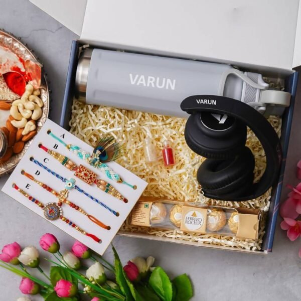 Personalized Raksha Bandhan Gift Set with Borosil Bottle, BOAT Headphones, Rakhi, Ferrero Rocher, and Roli Chawal Grey