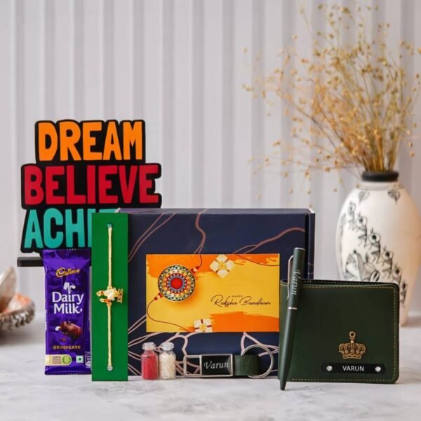 Personalized Raksha Bandhan Gift Set with Wallet, Motivational Table Top, Pen, Keychain, Rakhi, Chocolate, and Roli Chawal