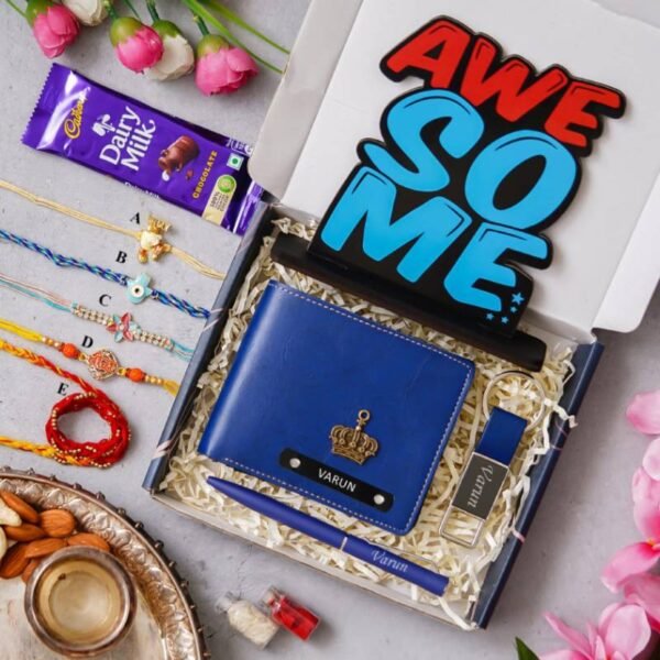 Personalized Raksha Bandhan Gift Set with Wallet, Motivational Table Top, Pen, Keychain, Rakhi, Chocolate, and Roli Chawal - Image 5