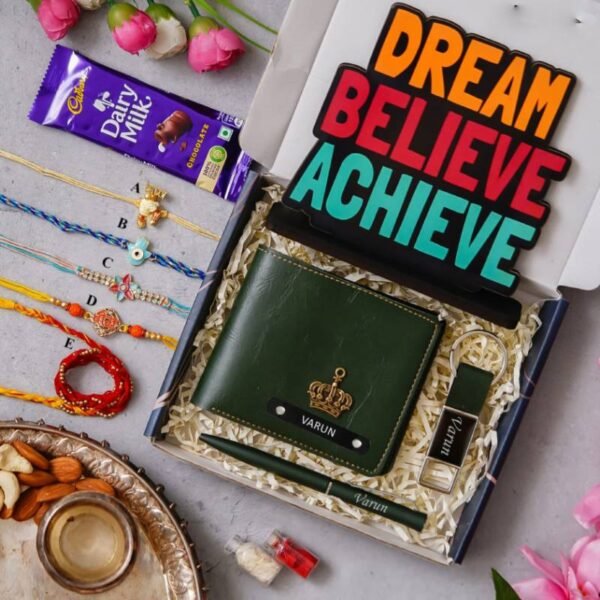 Personalized Raksha Bandhan Gift Set with Wallet, Motivational Table Top, Pen, Keychain, Rakhi, Chocolate, and Roli Chawal Dream Believe Achieve