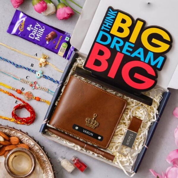 Personalized Raksha Bandhan Gift Set with Wallet, Motivational Table Top, Pen, Keychain, Rakhi, Chocolate, and Roli Chawal Think Big Dream Big