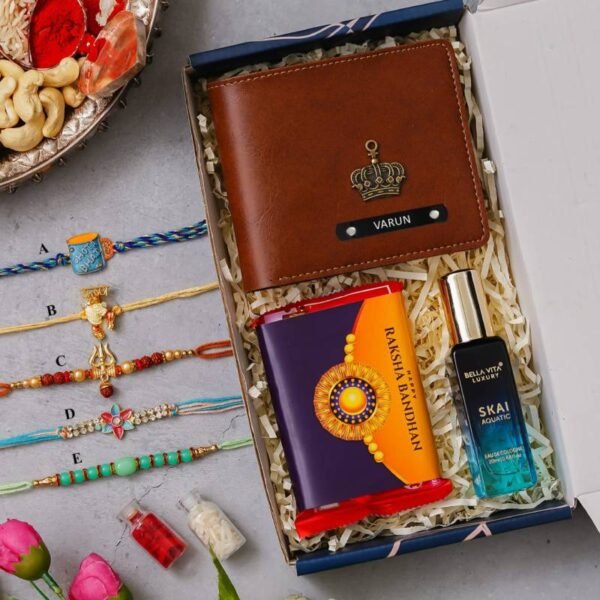Personalized Raksha Bandhan Gift Set with Wallet, Perfume, Rakhi, Chocolate, and Roli Chawal
