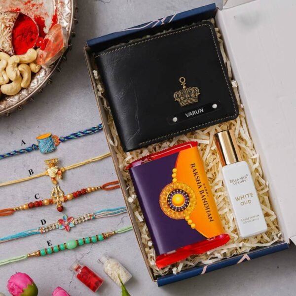 Personalized Raksha Bandhan Gift Set with Wallet, Perfume, Rakhi, Chocolate, and Roli Chawal