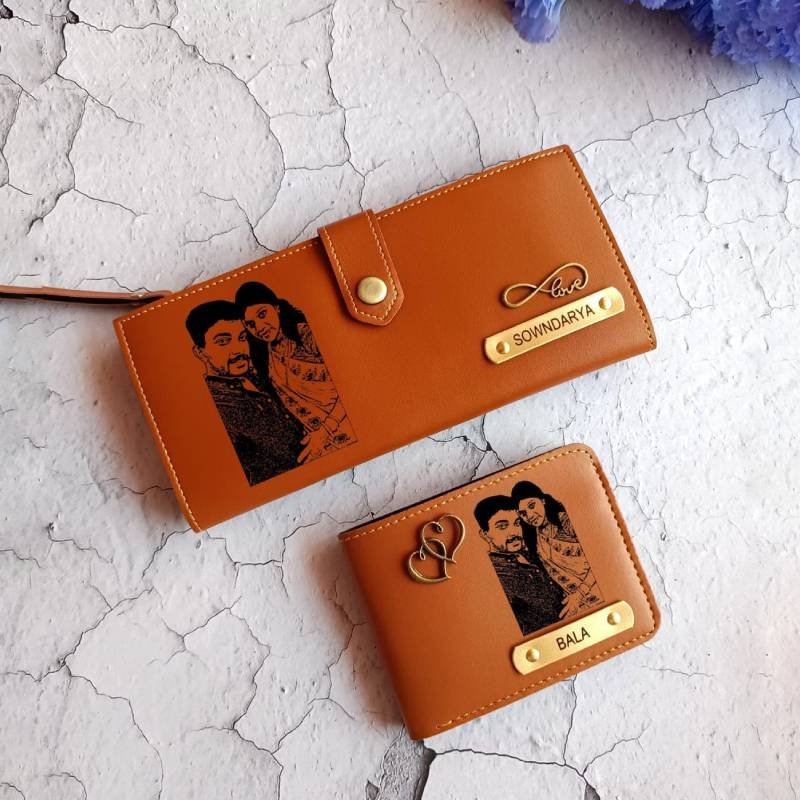 Personalized Couple Wallet And Clutch Gift Set Custom Engraved With Names And Photo