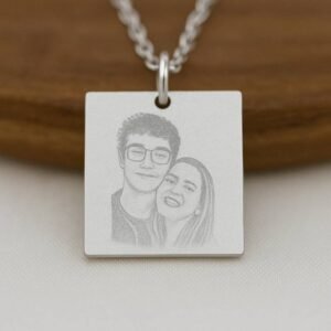 Photo engraved square pendant necklace featuring custom couple portrait – personalized stainless steel gift with chain