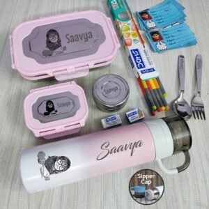 Pink school essentials set for girls – personalized with name and image, includes lunch box, water bottle, pencils, and labels for Saavya