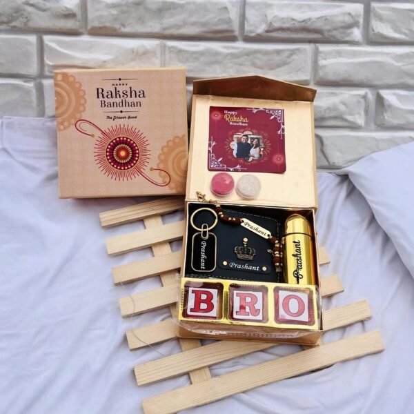 Customized Raksha Bandhan Gift Box with Wallet, Keychain, Rakhi, Perfume, Chocolates, and Personalized Card for Brother