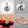 Collage showing various views of custom engraved heart photo pendant – close-up, hand shot, and romantic setup