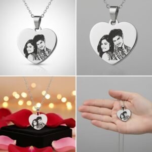 Collage showing various views of custom engraved heart photo pendant – close-up, hand shot, and romantic setup