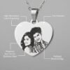 Detailed view of personalized heart photo pendant with labels for laser engraving, stainless steel, and beveled edge