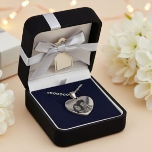 Minimal shot of heart-shaped engraved photo pendant on silver chain against soft blue background