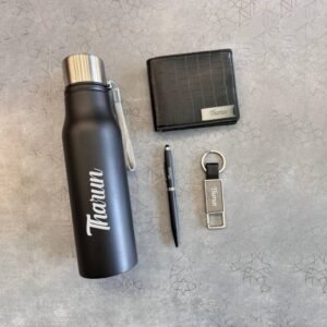 Customized Black Gift Set with Bottle, Wallet, Pen & Keychain – Engraved with Name