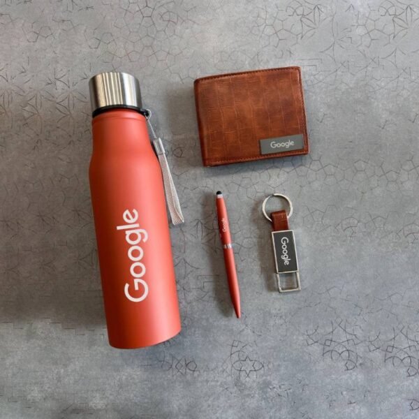 Personalized Gift Set with Custom Name on Bottle, Wallet, Pen & Keychain – Tan Color