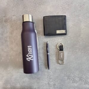 Premium Blue Personalized Gift Set – Bottle, Wallet, Pen & Keychain in Box