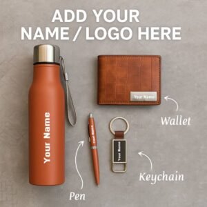 Premium Blue Personalized Gift Set – Bottle, Wallet, Pen & Keychain in Box add your logo or name