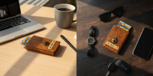 Brown personalized leather wallet with brass bike charm placed beside laptop and coffee cup on wooden office desk — compact card holder for everyday use.