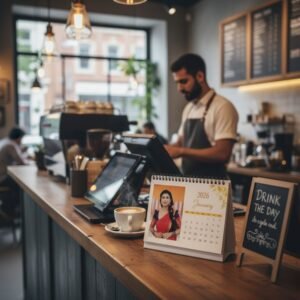 Custom 2026 photo calendar displayed at café counter – personalized desk calendar with floral theme.