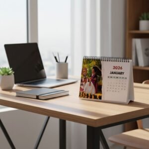 Custom 2026 table calendar placed on a modern office desk – personalized photo calendar, Design 1.