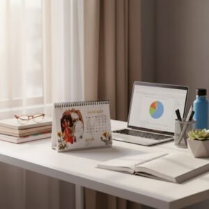 Custom 2026 table calendar with wedding photo – Design 7 floral theme on workspace table.