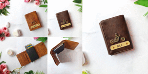 Custom tan leather wallet with nameplate ‘BALA’ and football charm placed beside black gift box and metal charms — perfect personalized gift.