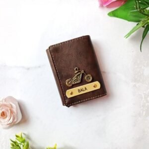 Dark brown leather personalized wallet for men with brass nameplate ‘Name as per your request’ and bike charm, compact slim design for everyday use.