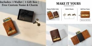 Personalization options showing tan and brown wallets, charm selection, and custom name engraving — make your own leather card holder wallet.