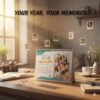 Personalized 2026 desk calendar with custom photo in cozy home setting – Design 1 blue theme.