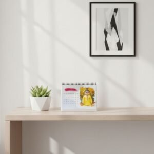 Personalized 2026 photo calendar displayed on shelf – Design 5 baby theme brush-stroke layout.