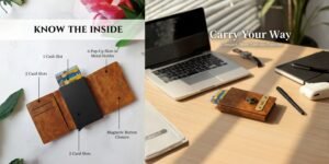 Personalized leather wallet with football charm placed near laptop and notebook — minimalist accessory for professionals.