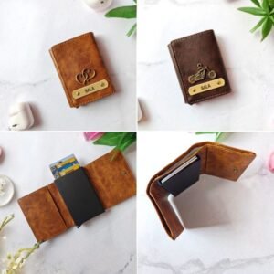 Set of customized leather wallets with nameplate ‘BALA’ and metal charms including heart, bike, and football — ideal personalized gift for men.