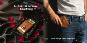 Tan personalized leather wallet with football charm placed inside black gift box on satin fabric with red rose petals — ideal romantic gift for men.