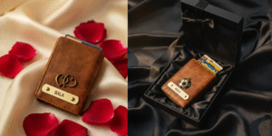 Tan personalized leather wallet with football charm placed inside black gift box on satin fabric with red rose petals — ideal romantic gift for men.