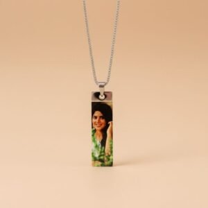 Custom image engraved rectangular pendant necklace with silver chain, premium studio photography