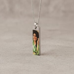 Custom photo engraved rectangular pendant necklace with silver chain, premium finish shown in close-up