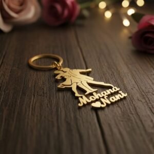 Custom romantic couple keychain placed on wooden surface with decorative roses