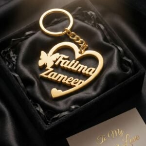 Customized heart name keychain presented in a gift box with a romantic message card