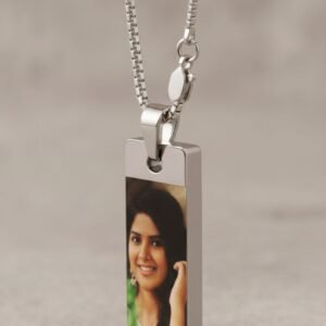 Customized photo pendant necklace in rectangular shape with stainless steel chain, elegant dark background